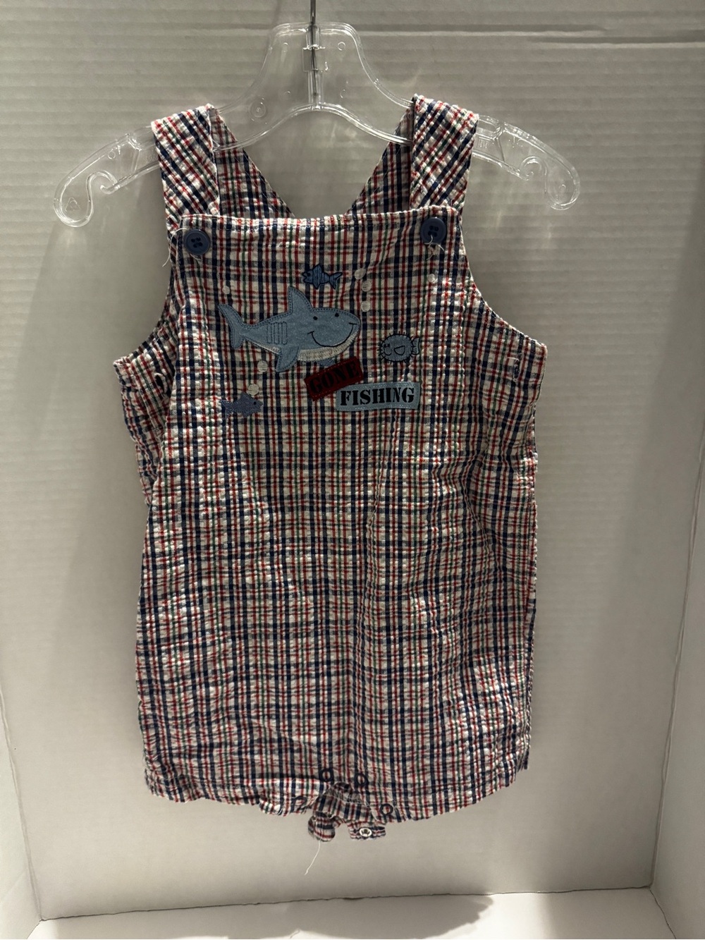 Baby Essentials Plaid Fishing Romper One-Piece Sleeveless 100% Cotton Size 9M